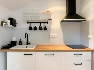 a kitchen with white cabinets and a sink at Lodge Pia in Bled