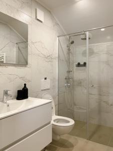 a bathroom with a shower and a toilet and a sink at Lodge Pia in Bled