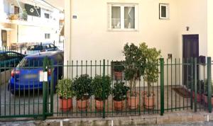 a fence with potted plants in front of a building at White&Wood in Patra