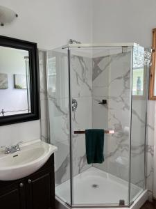 a bathroom with a shower and a sink at Chalets du Domaine Yamaska in Bromont