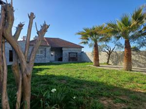 una casa con palmeras en el patio en Bella Gaia en Eleftheroúpolis