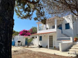 Una casa blanca con un árbol delante. en Traditioneel Grieks zomerhuis dichtbij de zee, en Vagia