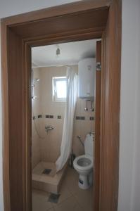a bathroom with a toilet and a shower with a window at Holidayhome Florecka in Utjeha