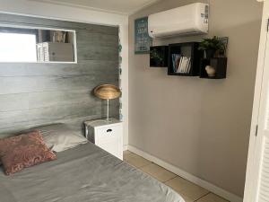a bedroom with a bed and a air conditioner at L’Oasis Saint Bernard in Saint-Denis