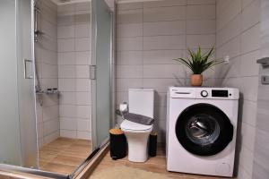 a bathroom with a washing machine and a toilet at Antoine Apartment in Nea Peramos