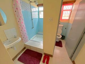 uma casa de banho com um chuveiro, um lavatório e um WC. em Homely apartments 4 em Kisumu