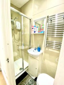 uma casa de banho com um chuveiro, um WC e um lavatório. em Lovely Cosy Studio Apartment Ground Floor In Central London em Londres