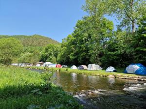eine Gruppe Zelte neben einem Fluss in der Unterkunft Chalet Scharflee in Goebelsmuhle