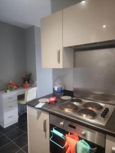 a kitchen with a stove and a counter top at SEYI in Hatch End