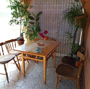 un tavolo e sedie in legno in una stanza con piante di Drinska lepota a Ljubovija