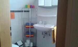 ein kleines Bad mit einem Waschbecken und einem WC in der Unterkunft Am Deichtor in Dornumersiel
