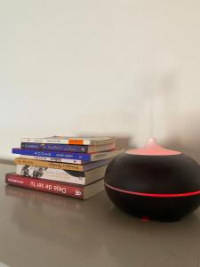 una pila de libros y un jarrón sobre una mesa en Néctar en Tinogasta