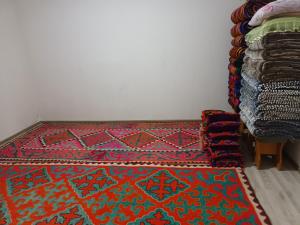 ein Zimmer mit einem Teppich auf dem Boden neben einem Bett in der Unterkunft Guest Houst Akkyya in Akkyya