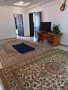 ein Wohnzimmer mit einem Teppich und einem TV auf dem Tisch in der Unterkunft Guest Houst Akkyya in Akkyya