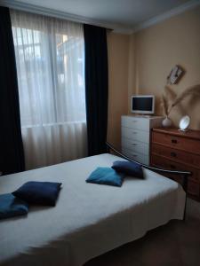 um quarto com uma cama com duas almofadas azuis em Санта Марина-Сладка къща em Sozopol