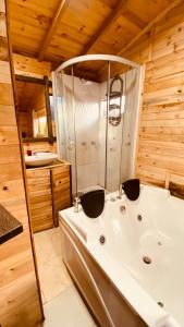 uma casa de banho com uma banheira branca e um chuveiro em CABAÑAS VILLA INES DE SUESCA em Suesca