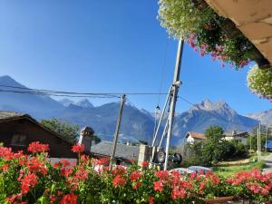 un jardín con flores y vistas a las montañas en Alloggio da Piero, en Blevy