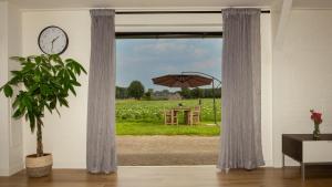 a window with a view of a field with an umbrella at De Boalder in Hardenberg