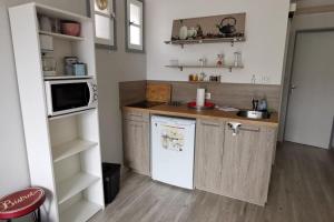 une petite cuisine avec un comptoir et un réfrigérateur dans l'établissement Appartement proche plages et commerces, à La Ciotat