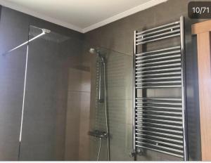 y baño con ducha y puerta de cristal. en Casa Iparra Txiki Berri en Irún