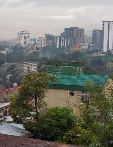 a building with a green roof in front of a city at Addis Joy Guesthouse in Addis Ababa