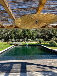 - une piscine sous un toit en bois avec un parasol dans l'établissement Domaine d'Hestia le gite Victoria, à Rognes