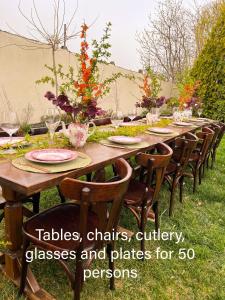 a long wooden table with chairs and plates for persons at The Rose Farm, mini parties, accommodation, pool, playground, bbq in Ciolpani