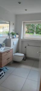 a bathroom with a toilet and a sink and a window at Ferienwohnung Westerwaldblick großzügige Wohlfühloase mit Terrasse in Oberelbert