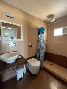 bagno con servizi igienici e lavandino di Stella Nomikou Apartments a Firostefani