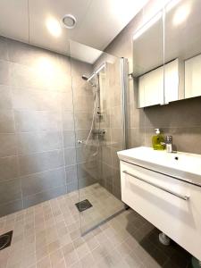 bagno con doccia, lavandino e specchio di Airport brand new 1BR apartment fully equipped a Vantaa