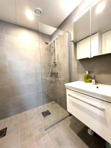 Un baño con ducha, lavabo y espejo. en Airport brand new 1BR apartment fully equipped, en Vantaa