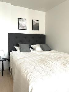 1 dormitorio con 1 cama blanca grande y 2 cuadros en la pared en Airport brand new 1BR apartment fully equipped en Vantaa