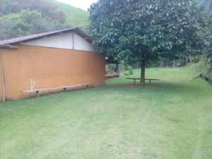 budynek z drzewem i ławką na polu w obiekcie Camping Casa Velha w mieście Guarapari