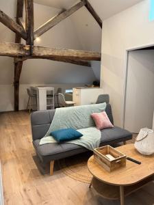 a living room with a couch and a table at Logement cocon in Chaudenay