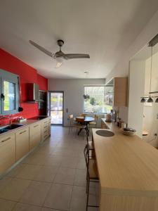 a kitchen with red walls and a wooden counter top at Aegean Blue Villa in Mytilene