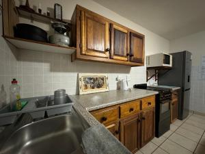 a kitchen with a stainless steel sink and wooden cabinets at Chandos Apartment Vleesbaai in Vleesbaai