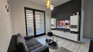Il comprend un salon doté d'un canapé et d'une télévision à écran plat. dans l'établissement Apartament Mono Ełk CENTRUM, à Ełk