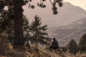 un homme assis à côté d'un vélo près d'un arbre dans l'établissement Grand Forest Metsovo - Small Luxury Hotels of the World, à Metsovo