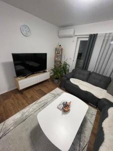 Luxury Apartment في Gnjilane: غرفة معيشة مع أريكة وطاولة
