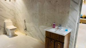 a bathroom with a sink and a shower and a toilet at Farmhouse with pol near golf course road,Gurgaon in Gurgaon