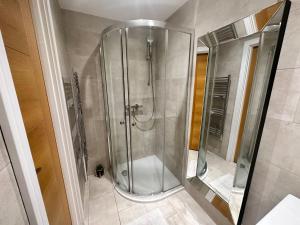 a shower with a glass door in a bathroom at 2 Bedroom Apartment In Central London in London