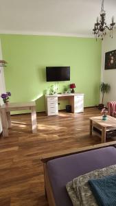 Ferienwohnung في Glindow: غرفة معيشة مع تلفزيون بشاشة مسطحة على جدار أخضر