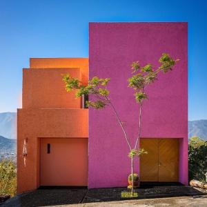 un edificio rosa con un árbol delante de él en Habitación en Casa Estudio Guerrero en Santiago