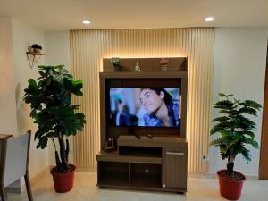 a television in a living room with two plants at Exclusivo Apto lujoso central, sereno y cómodo in Medellín