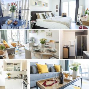 a collage of photos of a bedroom and a living room at AM3Office apartment with view, Parking and contactless check-in Vevey Montreux in Vevey