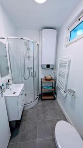 uma casa de banho com um chuveiro, um WC e um lavatório. em 2 pièces Cosy avec vue Panoramique et Balcon ! em Rosny-sous-Bois