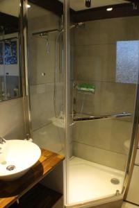 una ducha con una puerta de cristal junto a un lavabo en Ferienhaus "Nordlicht, en Butjadingen