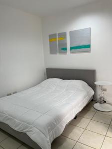 a white bed in a bedroom with two pictures on the wall at SJO Oasis Hostel in San José