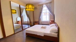 ein Schlafzimmer mit einem Bett und einem großen Spiegel in der Unterkunft Charming Apart City Center in Baku