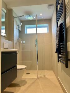 a bathroom with a toilet and a glass shower at White Oaks Sussex in Twineham